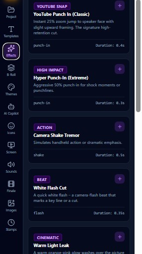 Effects: punch-ins, shakes, flashes