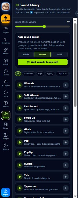 Sounds: whooshes, pops, typing